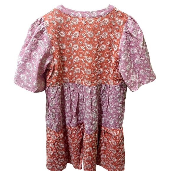 NWT Voy Paisley Colorblock Boho Cotton Tiered Dress~V-Neck/Puff Sleeves~SMALL - Picture 5 of 9